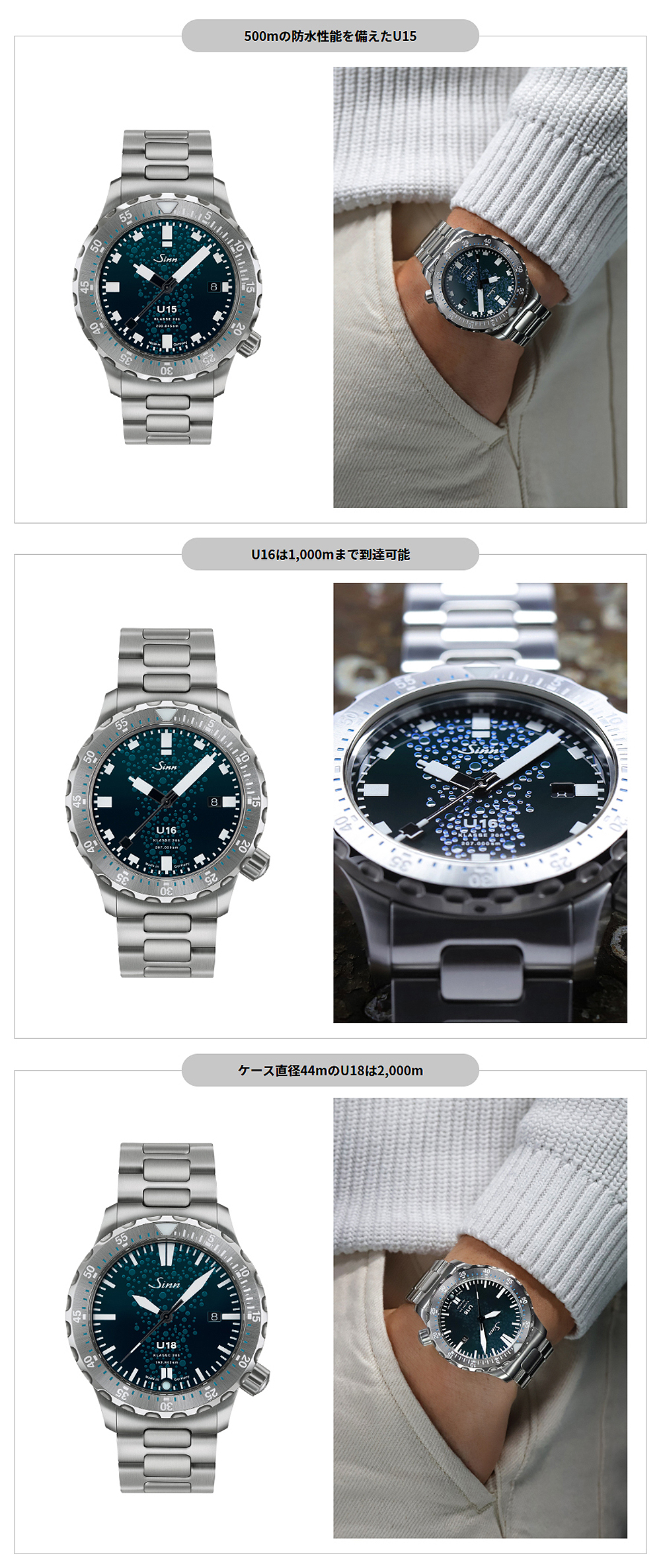 【ジン・デポ神戸三宮店】Sinn (ジン) U15/U16/U18：伝説の潜水艦の鋼鉄から生まれた時を紡ぐ限定ダイバーズウォッチモデル